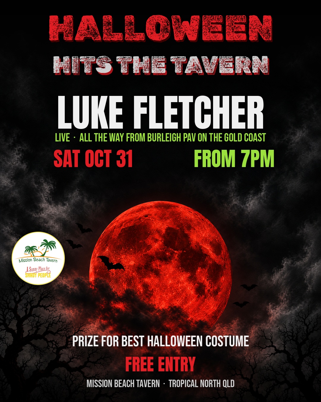 Halloween Hits The Tavern poster: Luke Fletcher, Saturday 31 October from 7pm, free entry and best Halloween costume prize